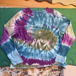 Time & Tru Purple Blue Green Tie Dye 2XL XXL Crew Neck TShirt Long Sleeve Hippie